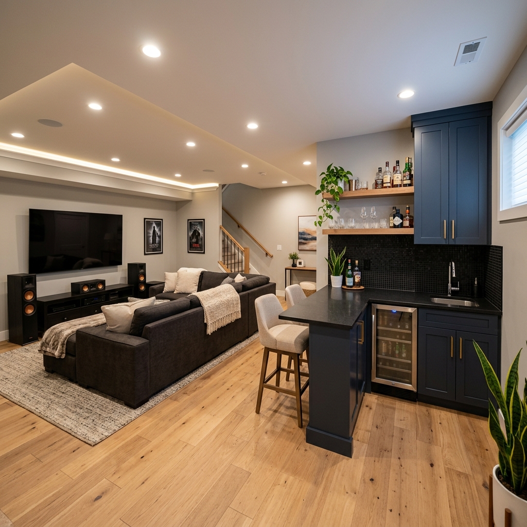 Finished basement with a modern entertainment area and recessed lighting.