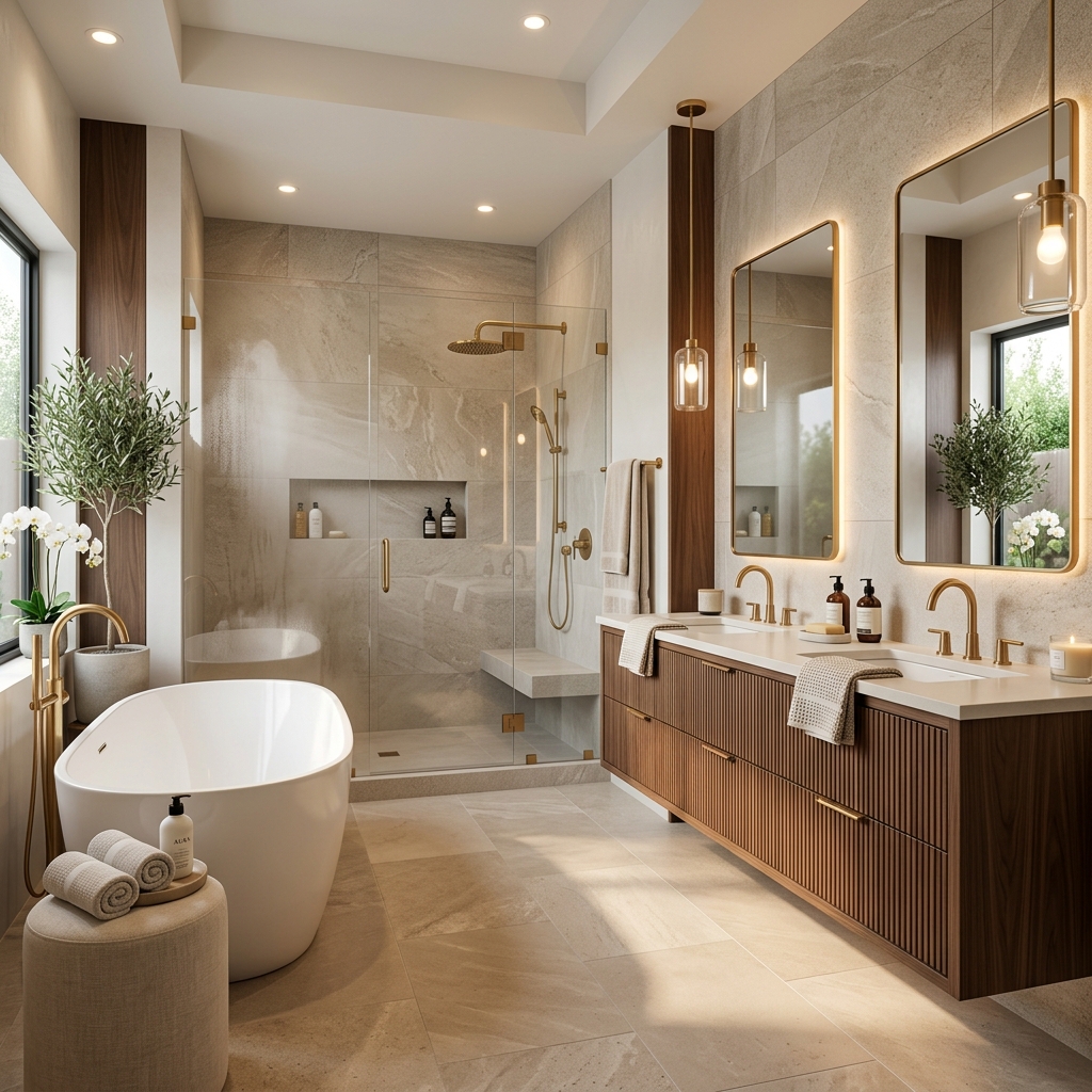 Luxurious modern spa-like bathroom interior with custom wood vanity, freestanding tub, and walk-in glass shower in Pickering.