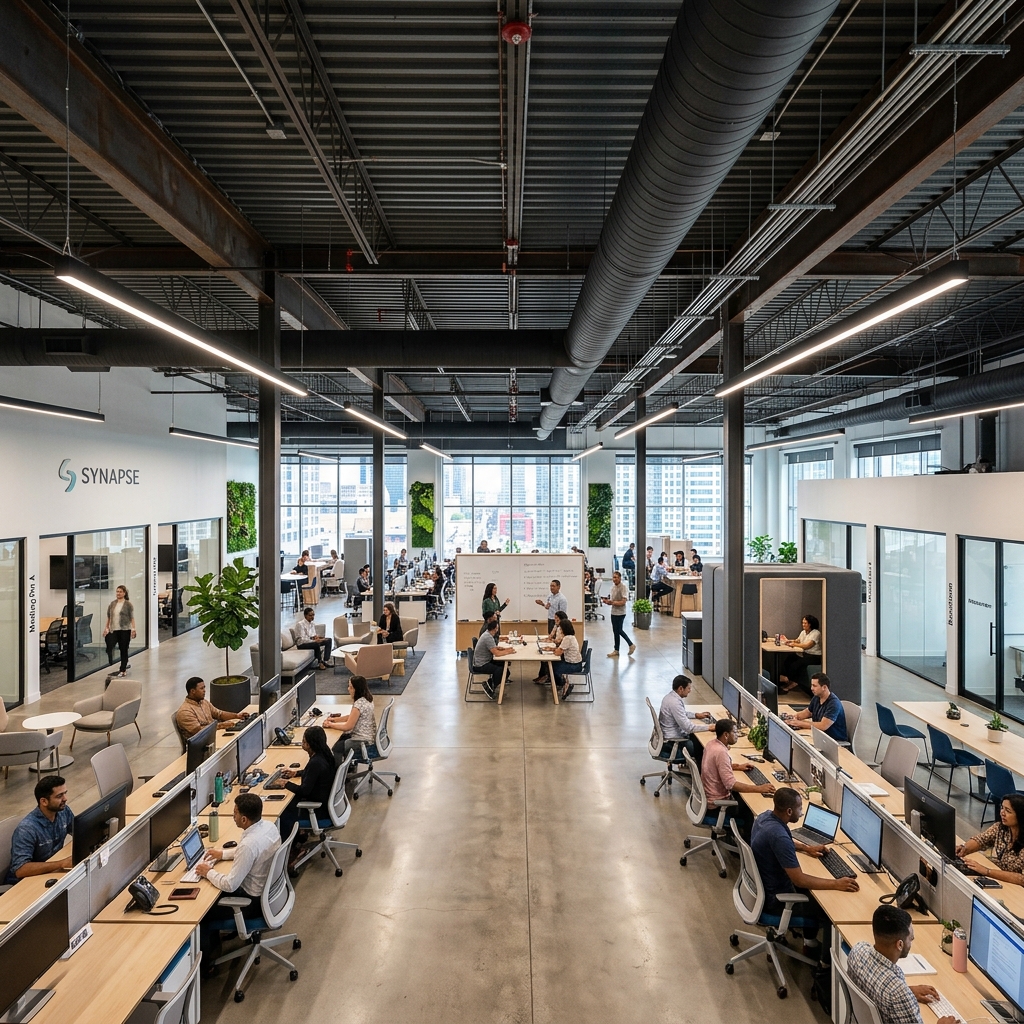 A functionally superior commercial workspace showing modern acoustic treatments and exposed HVAC.