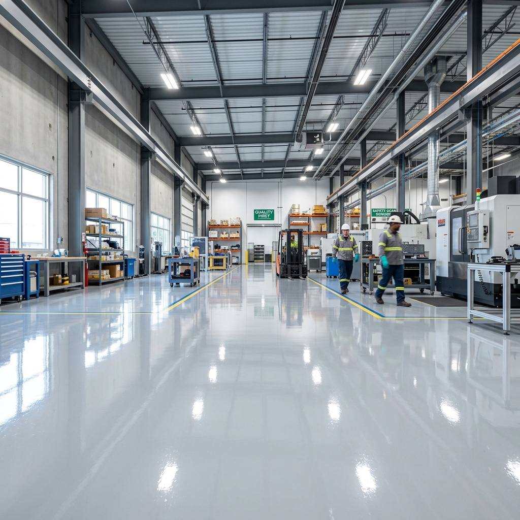 A newly cured high-performance commercial epoxy coating on an industrial floor.