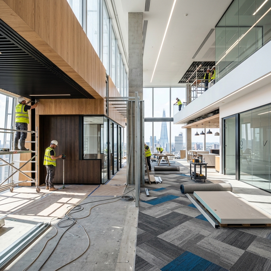 High-end modern commercial office space undergoing a premium interior renovation.