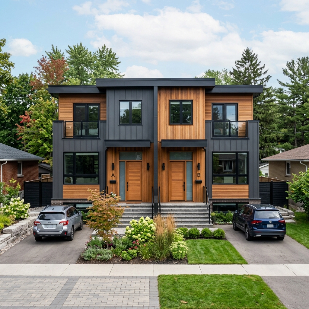 High-quality duplex conversion in Ontario showing separate front entrances and modern exterior siding.