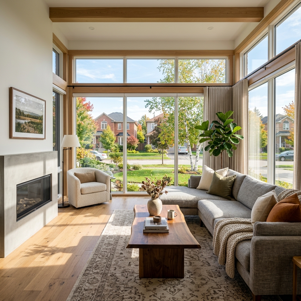A bright, modern Ontario home interior with large, energy-efficient triple-pane windows looking out to a sunny garden.