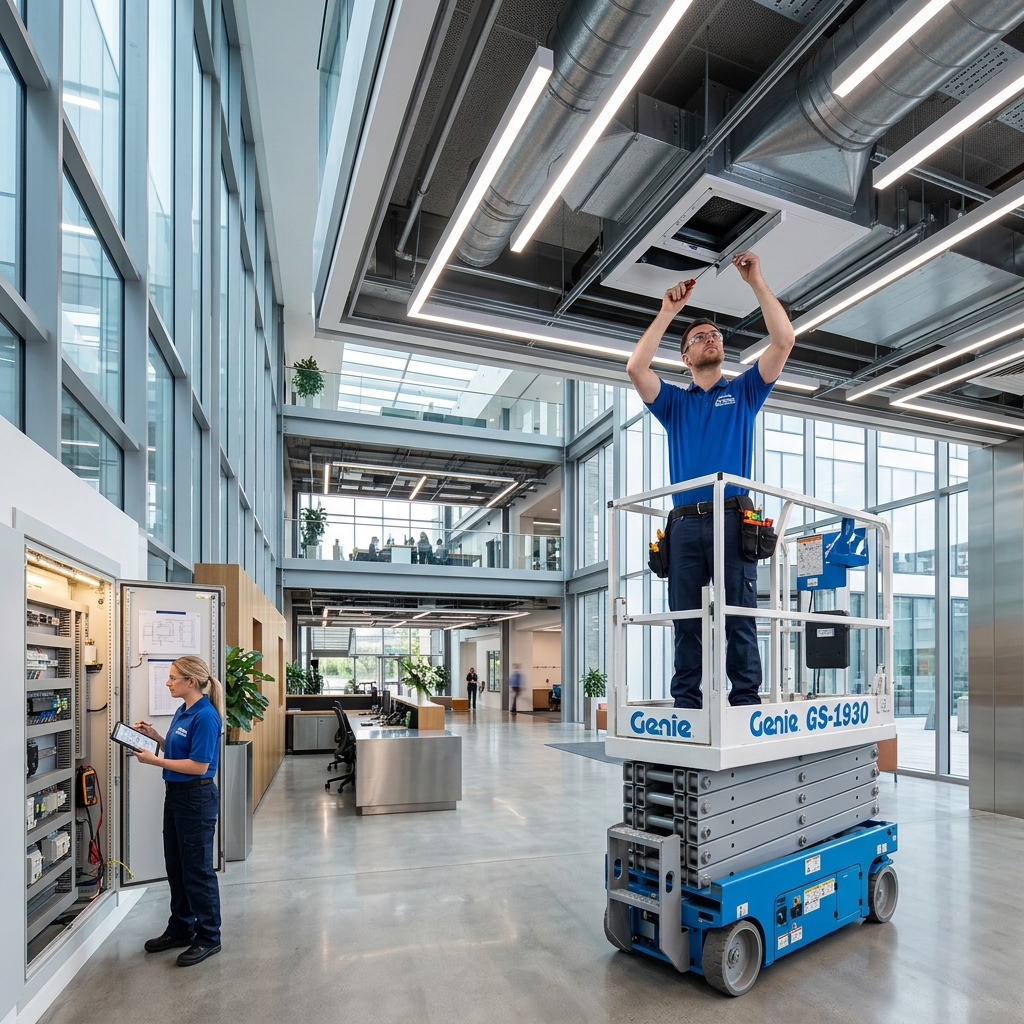 Professional facility maintenance worker maintaining a clean, modern commercial building.