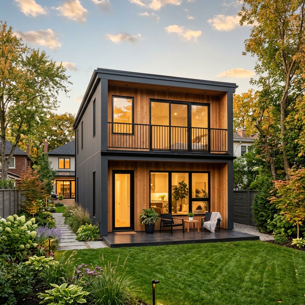 Modern two-story legal garden suite exterior with cedar panels and black-framed windows in a green backyard in Ontario.