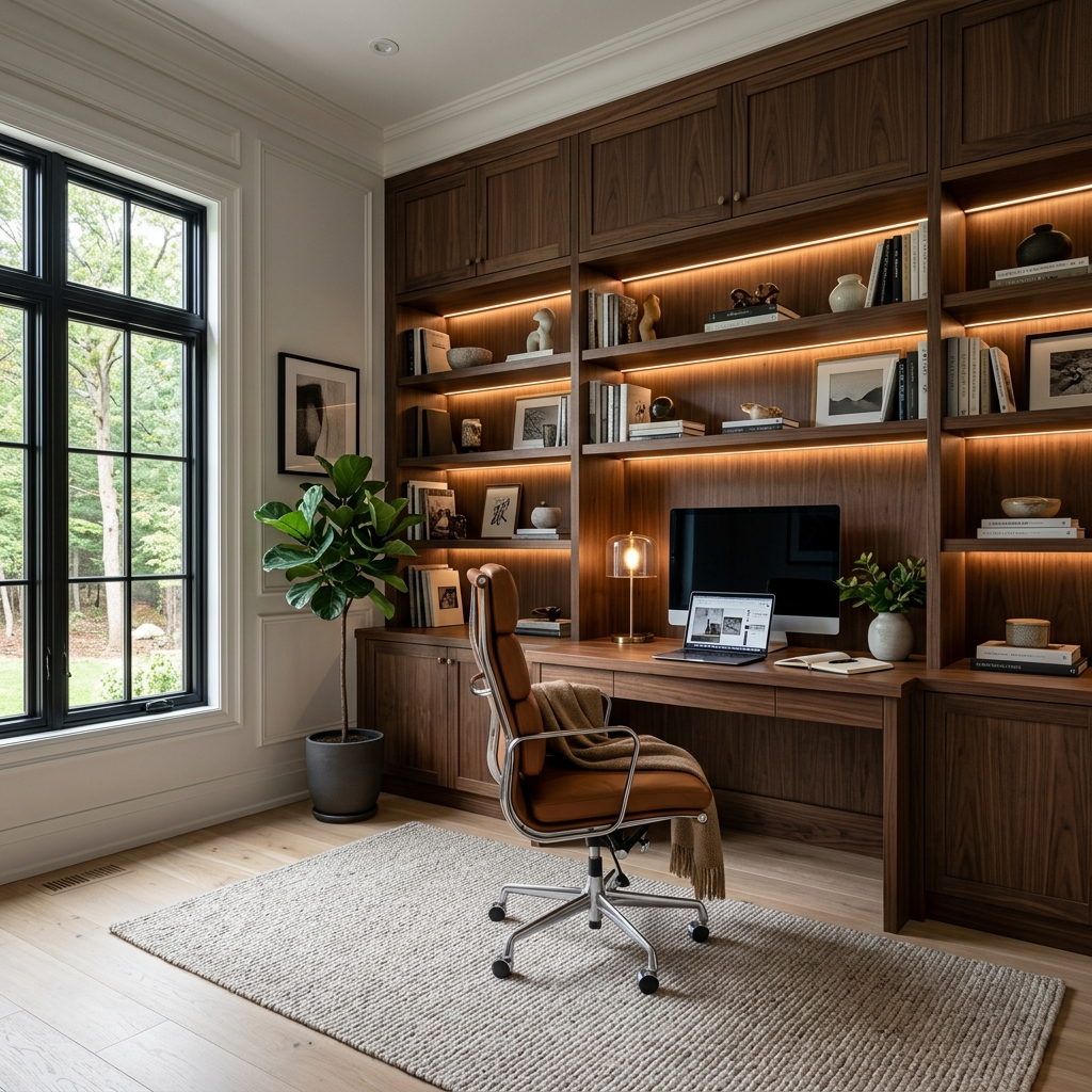 Custom home office renovation featuring floor-to-ceiling built-in walnut shelving, integrated desk, and warm LED lighting in an Ontario home.