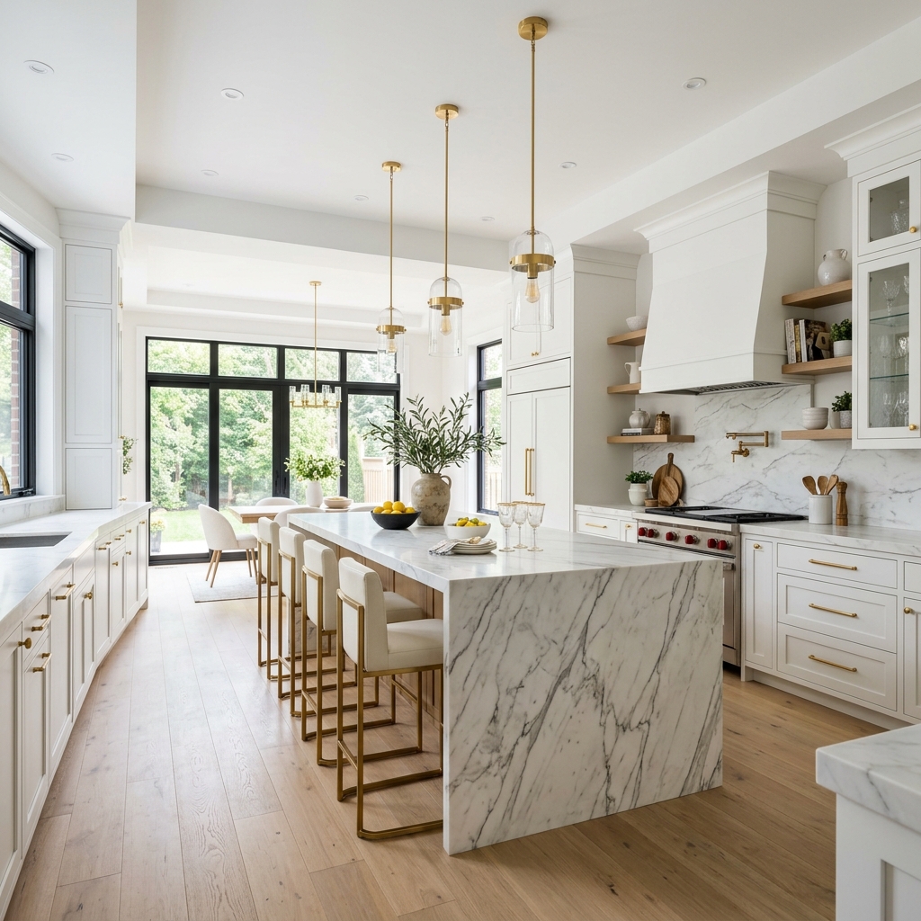 Modern luxury kitchen remodel featuring white cabinetry and marble countertops.
