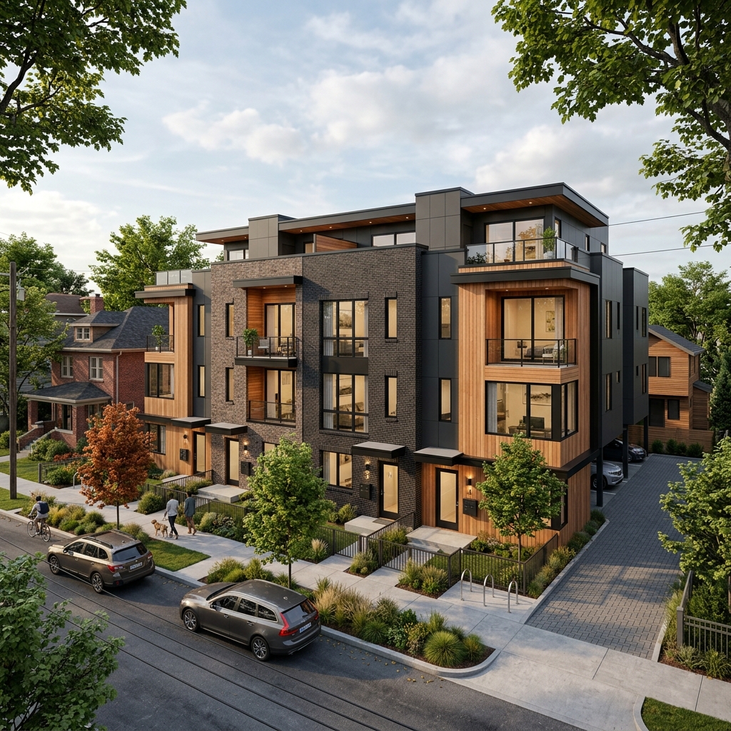 Professional drawing of a modern multiplex conversion in a residential neighborhood.