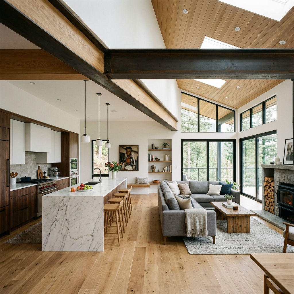 Spacious open-concept kitchen and living room after removing a load-bearing wall, featuring a large steel beam and modern finishes.