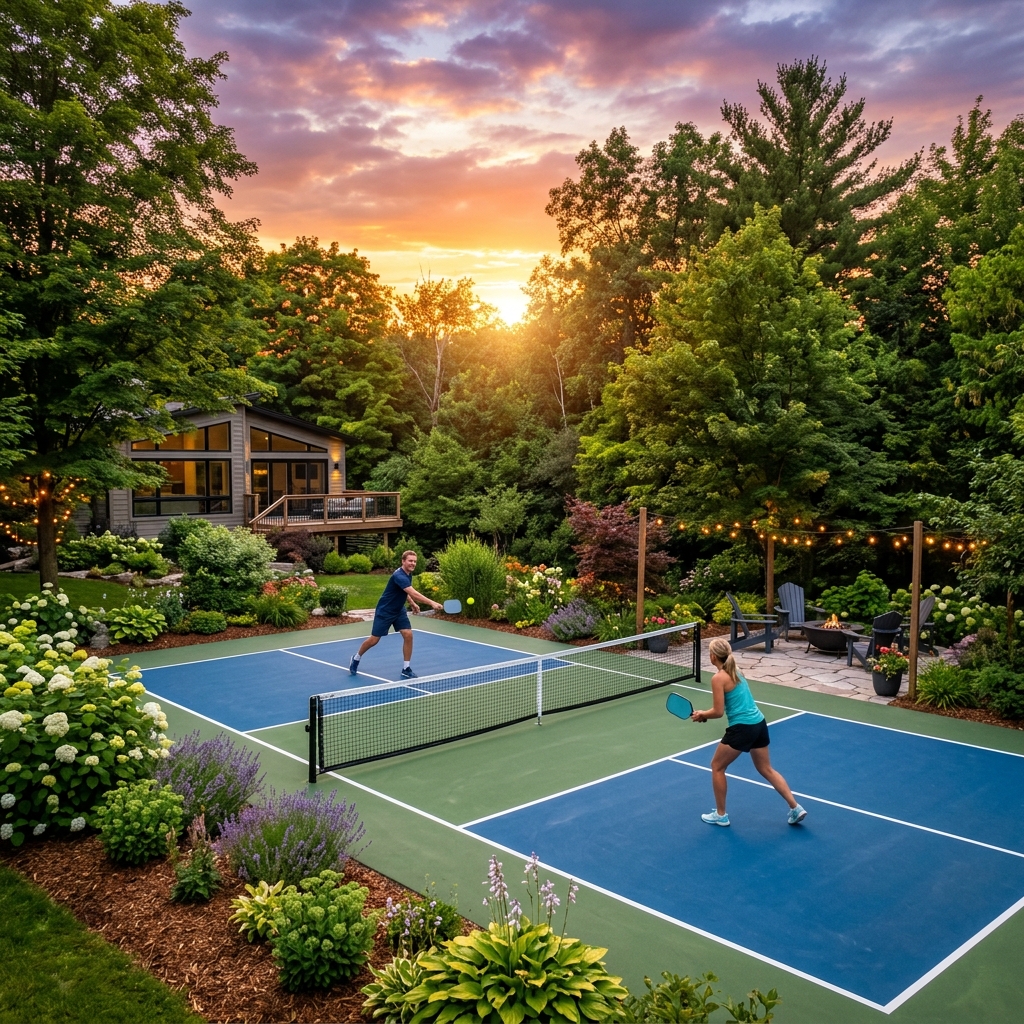 A modern outdoor pickleball court in a lush Ontario backyard during a beautiful summer sunset.
