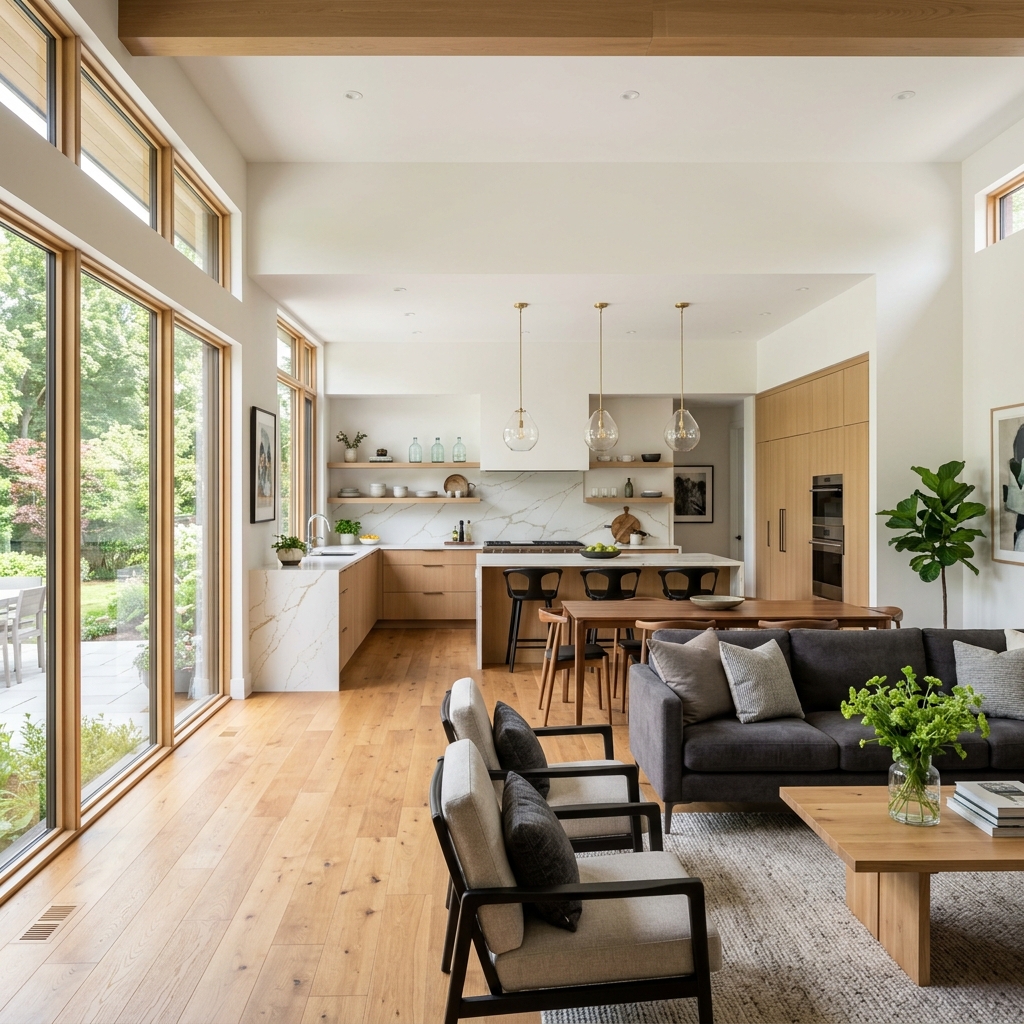 Luxurious modern open-concept home interior featuring high-end kitchen cabinets, quartz countertops, and warm hardwood floors in Ontario.