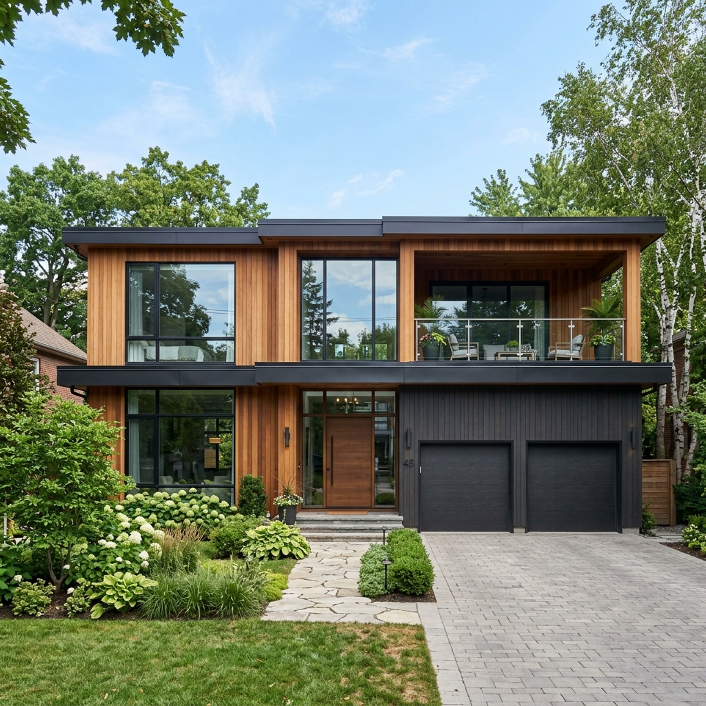 A beautiful modern home featuring a second-story addition with a seamless blending of architectural styles and large windows in Toronto.