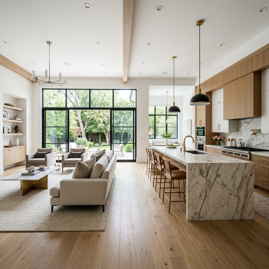 Stunning modern open-concept home interior showing a fully renovated living area and kitchen with white oak floors and custom cabinets.